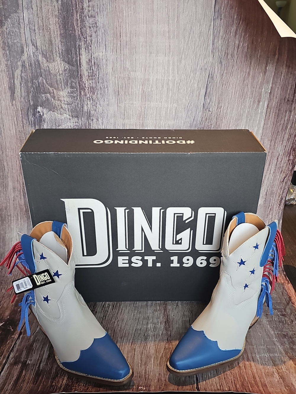 Dingo gray and Blue Star with Red and blue fringes ankle boots